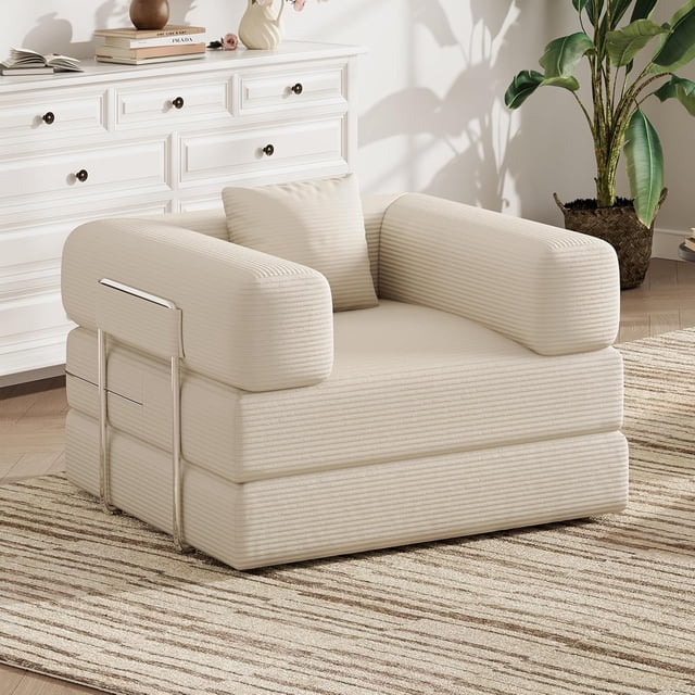 Sofá Cama Plegable, 2 en 1 Sofás Convertibles a Tumbona, Cómoda Silla Individual Tipo Puf, Silla de Piso Portátil Plegable para Dormir, Sillón Perezoso Futón para Recámara, Sala de Estar (Beige, Sofá
