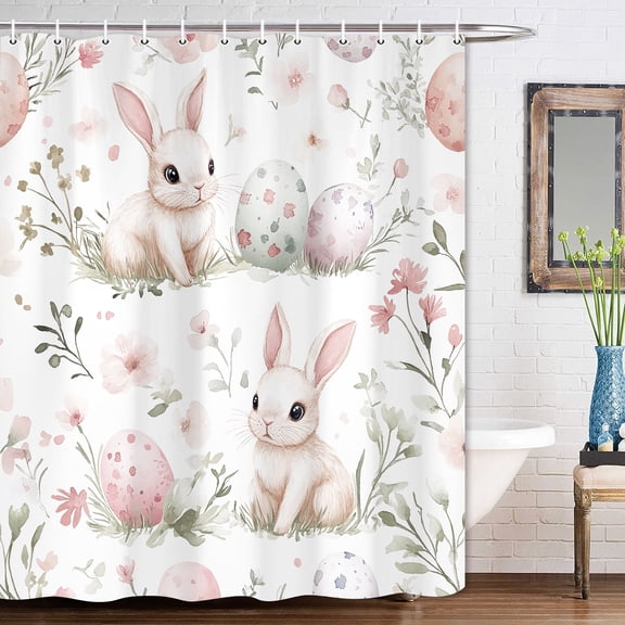 Easter Shower Curtain, Cute Rabbits Easter Shower Curtain for Bathroom, Happy Easter Bunny Eggs Spring Holiday Watercolor Fabric Bath Curtain with Hooks for Home Decorations, 71x71 Inches