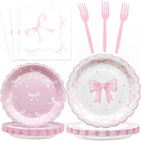 96Pcs Pink Bow Party Supplies Disposable Tableware Set Serve 24 Guests Include Pink Bow Plates and Napkins Forks for Bachelorette Bridal Engagement Baby Shower Birthday Party Decorations