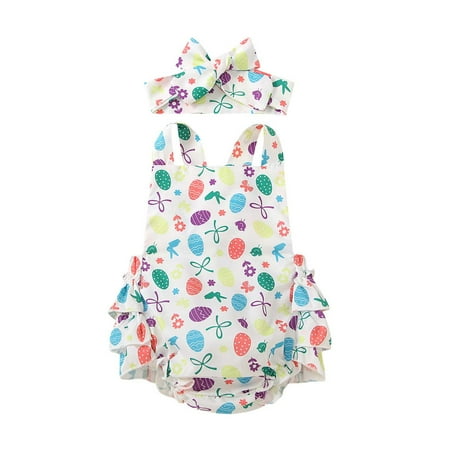 

Odeerbi Baby Bodysuit Layette Onesies for Toddler Sleeveless Romper Easter Bow Print Headband Two-Piece Children s Clothing Multicolor