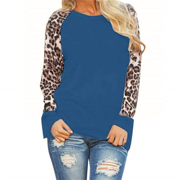 Valentine's Day Clearance Sales Sale Prime Juebong Women's Plus Size Color Block Raglan Long Sleeve Shirts Round Neck Leopard Print Patchwork Casual Loose Tunic Blouses,Blue,XL
