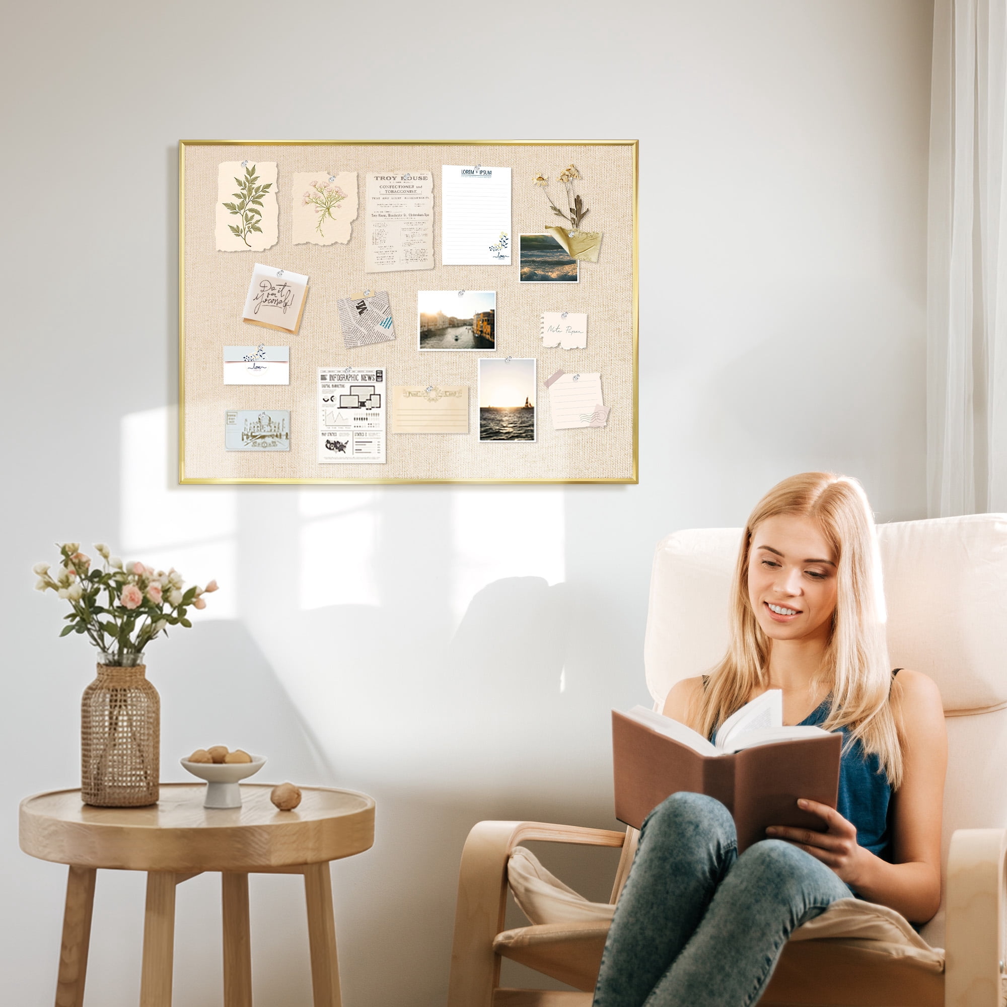 DOLLAR BOSS Linen Bulletin Board 36x24 Inches Cork Board for Wall Poster Board with Gold Aluminum Frame Hanging Pin Board Vision Board for Home Office Room Decor with 10 Push Pins