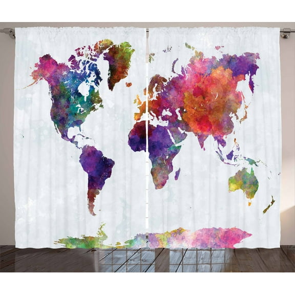 Ambesonne Watercolor Curtains 2 Panel Set, Colorful World Map, 108" x 96", Multicolor
