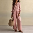 thumbnail image 6 of BRELIL Women Plus Size Two Piece Outfits Sets Long Sleeve Collared Button Shirt Wide Leg Pants Casual Lounge Set Solid Boho Vacation Travel Matching Tracksuit, Pink S, 6 of 6