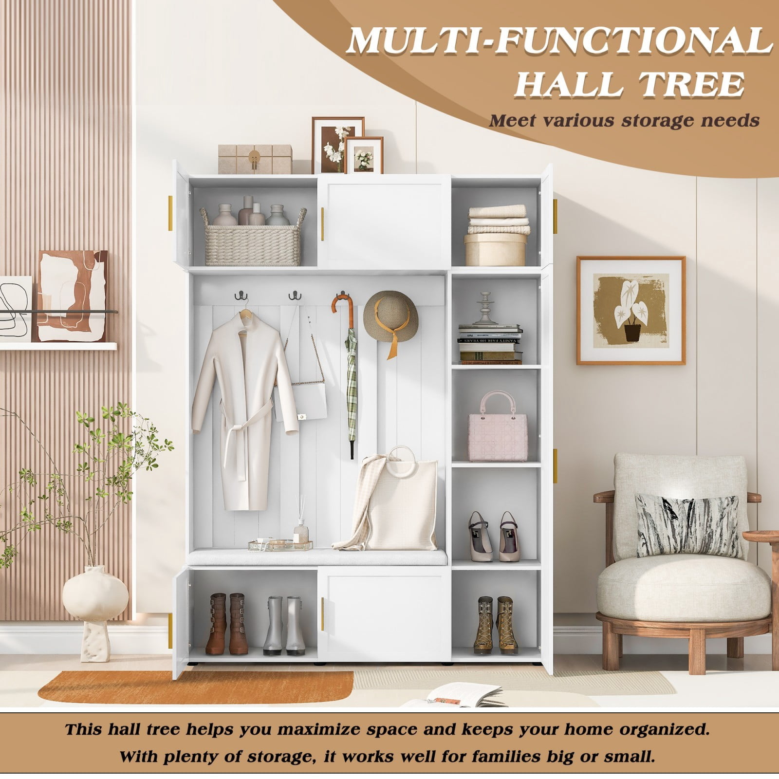 59" W 4-in-1 Entryway Hall Tree with Padded Bench, Coat Rack with 4 Hooks, Shoe Storage Bench & Multi-Tier Shelves, Mudroom Organizer for Hallway Living Room, Ancient White