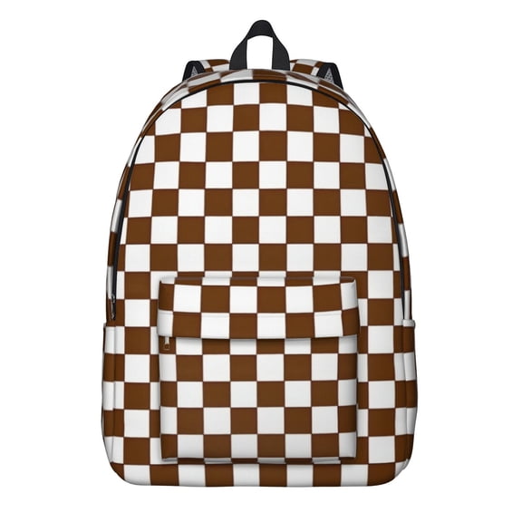 Brown and White Checkered Pattern Backpack for School, Cute School Bag with Adjustable Shoulder Straps and Padded Back, 15.7"x11.8"x5.5"
