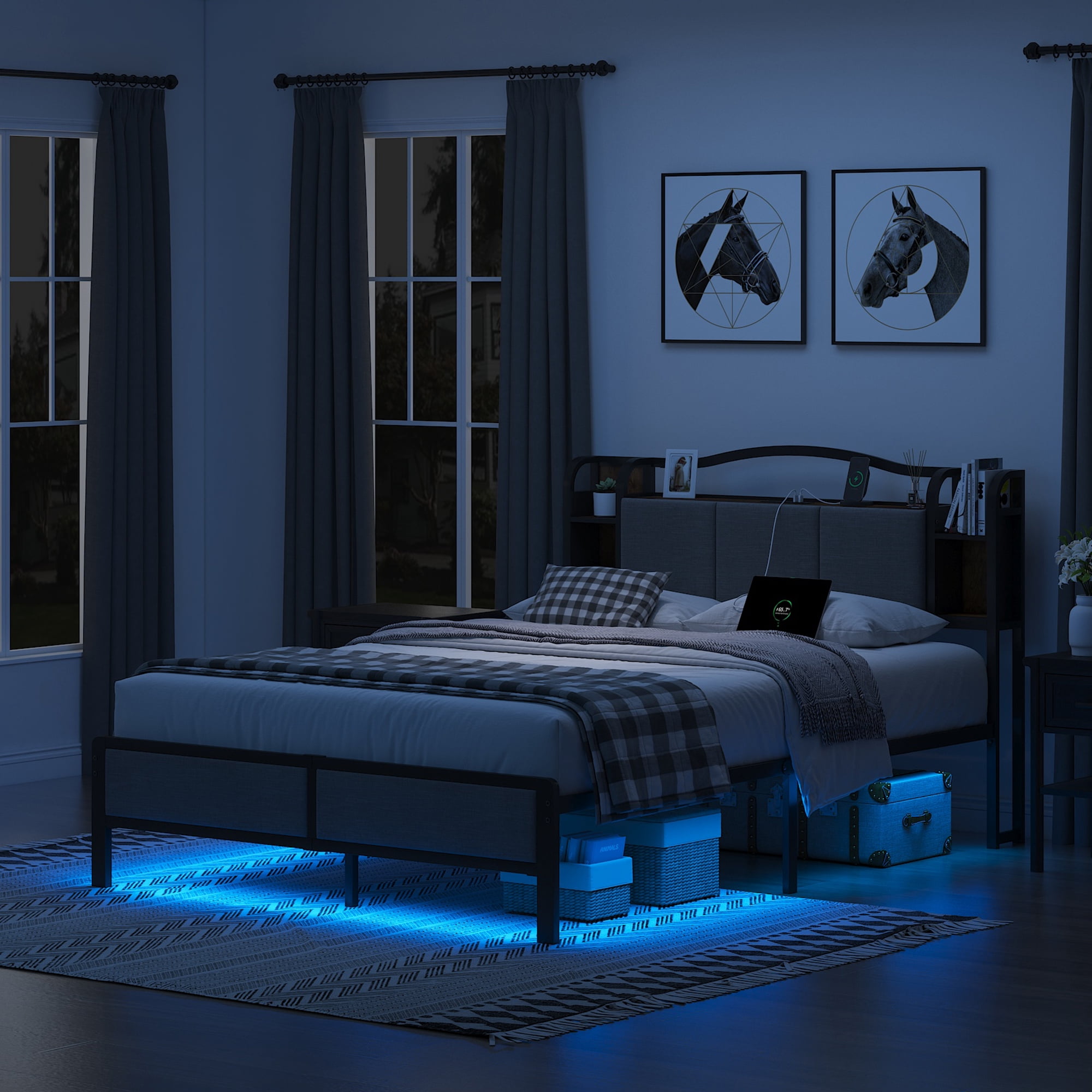 QUEEN 14In Bed Frame with RGB Lights Fabric Upholstered Headboard USB Socket