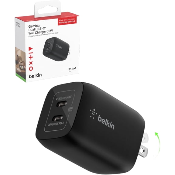 Belkin Gaming Dual USB C Charger Block for Nintendo Switch 2 and Pro Controller w/ 65W GaN Fast Charging, Compatible with Apple iPhone, iPad, MacBook, Samsung Galaxy, Google Pixel & More - Black