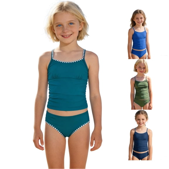 XIYON Kids Girls 2 Piece Swimsuit Summer Sleeveless Suspenders Solid Color Tankini Top And Bottoms Comfortable Fashion Swimwear For Beach Pool,Dark Green,13-14 Years