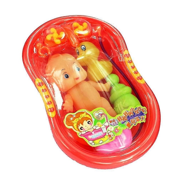 Orange Plastic Bathtub With Baby Doll Bath Toy Set