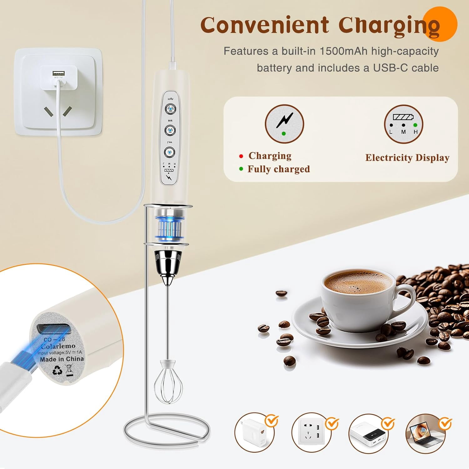 Milk Frother Handheld Rechargeable With Stand  Wand Drink Mixer Electric Whisk For Coffee Detachable 3 Stainless Whisks Hand Lattes Cappuccino Matcha Egg Beige