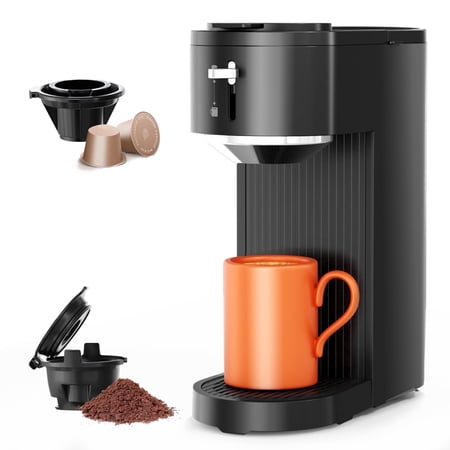 Auseo Single Serve Coffee Maker, Capsules & Ground Coffee, 6 to 14 oz Brew Sizes, One-Press Fast Brewing, Reusable Filters, Adjustable Funnel Height, for Home/Office/Travel, Black