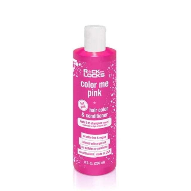 Color Me Pink - Hair Color & Conditioner - Hot Pink by Rock The Locks, 8 fl. oz. bright pink plastic bottle with white flip-top cap, semi-permanent conditioning hair color lasting 5-15 shampoos, cruelty-free, vegan, infused with argan oil, free of sulfates, parabens, and phthalates, made in USA, suitable for adding vibrant color to hair sections or full coverage.