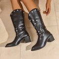 thumbnail image 2 of Lovzfmll Cowboy Boots for Women, Western Cowboy Knee High Pointed Toe Belt Buckle, Mid Heel Pointy Toe Metallic Cowgirl Leather Motorcycle Boots Fall Black Boots, 2 of 8