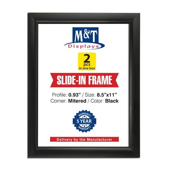 M&T Displays Slide In Frame, Black 8.5x11 Inch Poster Holder 0.93" Aluminum Profile Top Loading Easy Change Mitered Corner with Anti Glare PET Cover (2 pack)