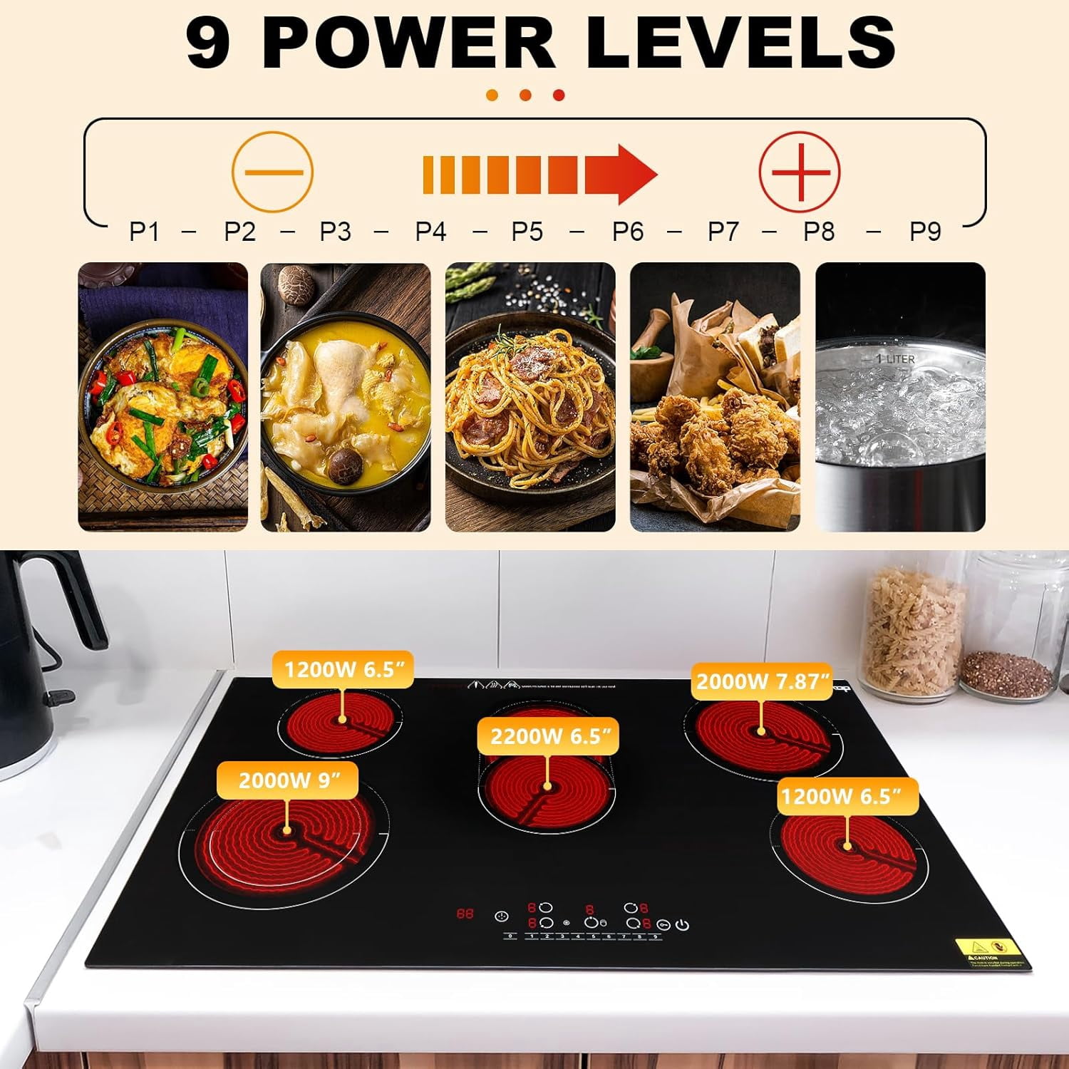 Ktaxon 5-Burner Electric Cooktop, 35" Built-in Ceramic Stove, 8600W, Touch Control w/Safety Lock & Timer