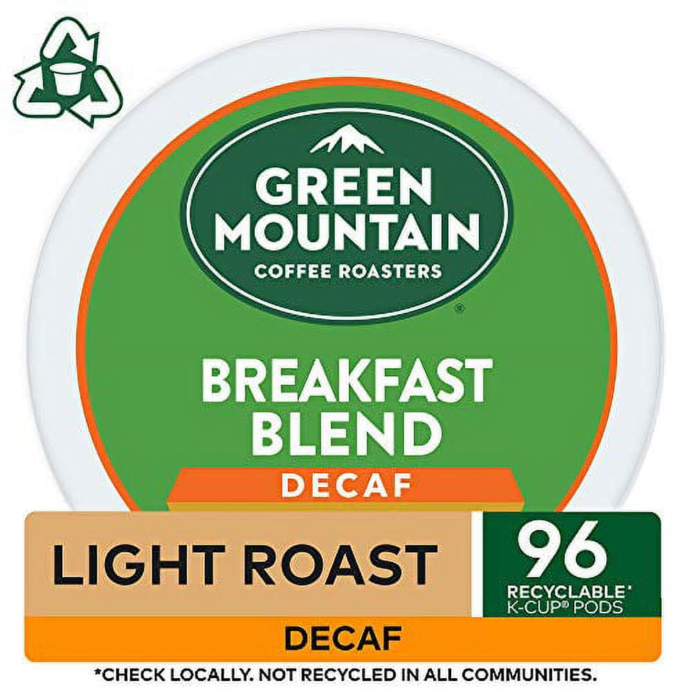 Green Mountain Coffee, Breakfast Blend Decaf, Single-Serve Keurig K-Cup Pods, Light Roast, 96 Count (8 Boxes of 12 Pods)