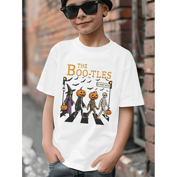 Boys' The Boo-tles Parody Halloween T-Shirt - Funny Wine Bottle Character Design with Spooky Ghosts, Skeletons & Bats - Casual Short Sleeve Round Neck Tee for Trick--Treating & Parties