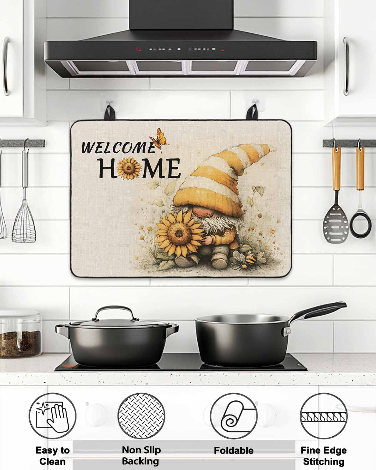 Stove Top Covers for Electric Stove 24x21 Inches, Yellow Sunflower Heat Insulation Fireproof Glass Cooktop Protector, Gnomes Butterfly Beige Retro Floral Countertop Stovetop Cover for Kitchen