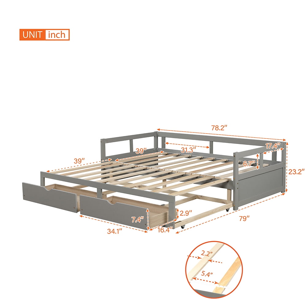 Lowestbest Wooden Daybed with Trundle Bed and Two Storage Drawers, Extendable Bed Daybed
