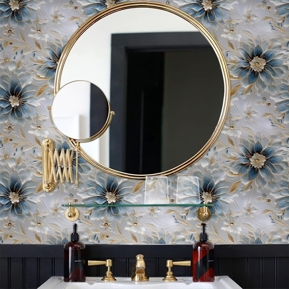 White Blue Grey Peony Floral Vintage Peel and Stick Wallpaper Contact Paper Vinyl Stick on Wall Paper for Bedroom Bathroom Kitchen Cabinet Renter Friendly