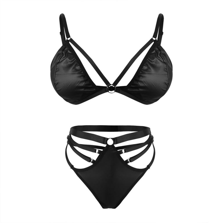 OAVQHLG3B Faux Leather Womens Lingerie Bra Sets Sexy Strappy Lace Underwear  Panties Briefs Suit High Waisted Naughty Bodysuit