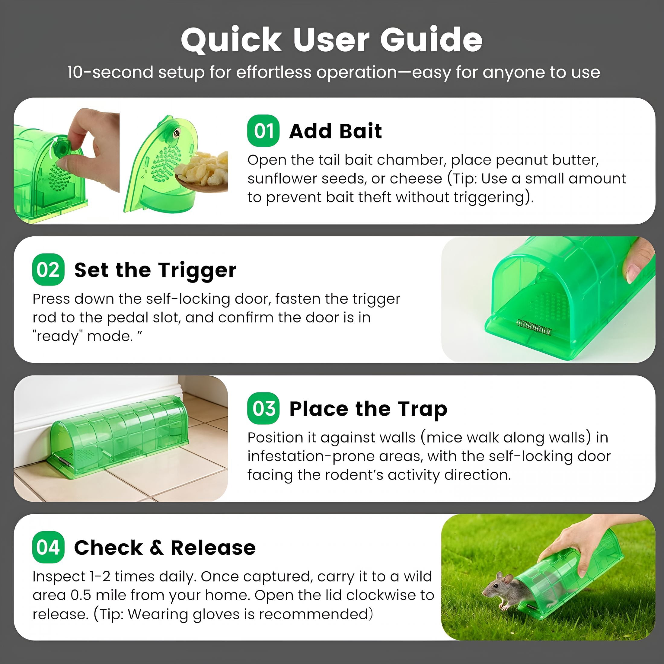 QARUN Humane Mouse Trap Indoor for Home,Live Catch and Release Rat Trap with Ventilated Chamber,2 Pack Reusable No Kill Mice Trap Outdoor,Green