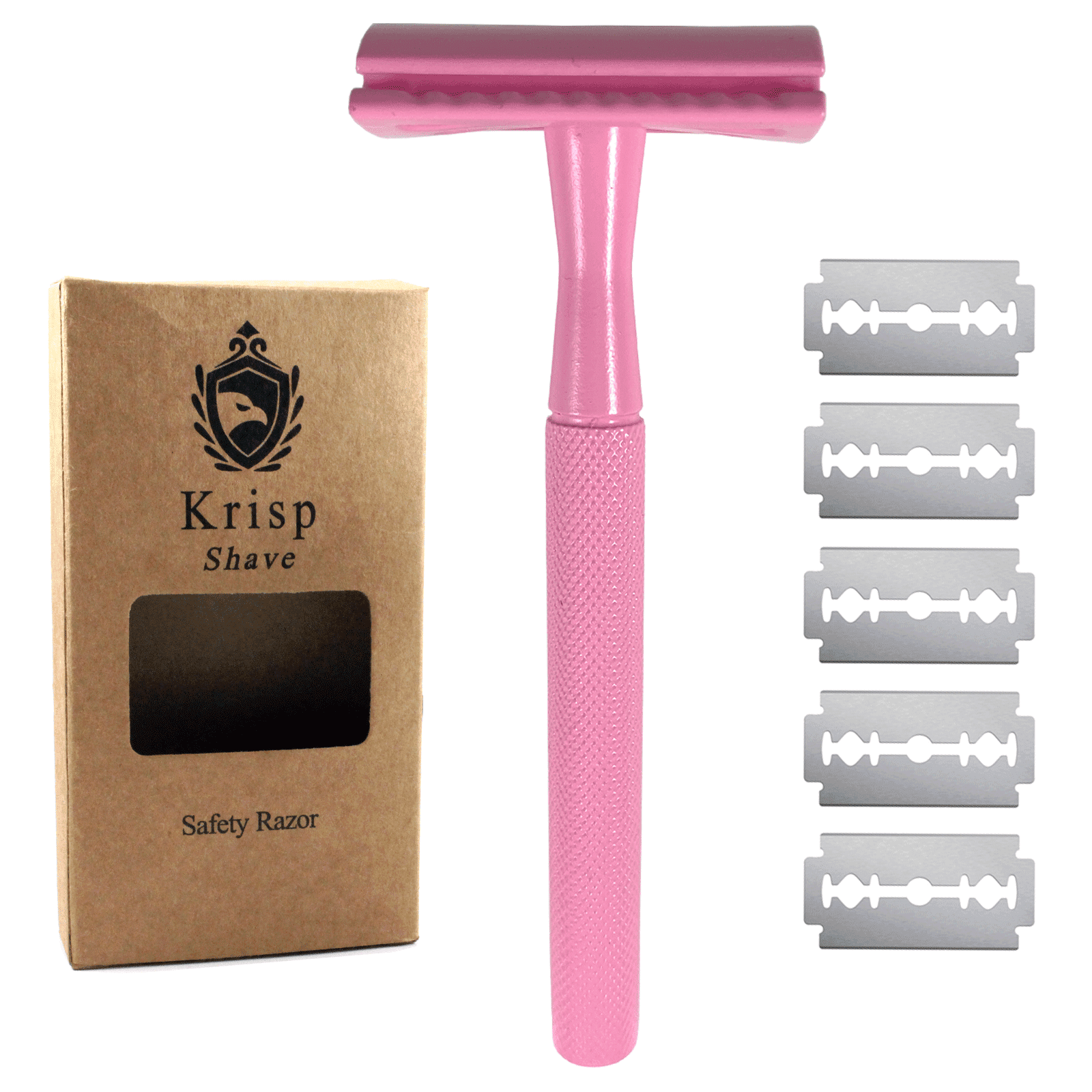 Long Handle Double Edge Safety Razor For Women Shave + 5 Shaving Blades Pink