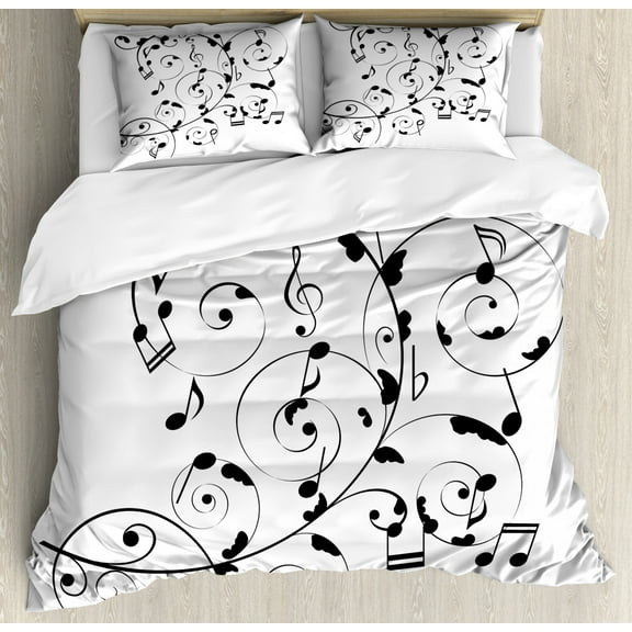Music Duvet Cover Set King Size, Swirl Plant Style Treble Chef and Notes Curlicue Motifs on Plain Backdrop, Decorative 3 Piece Bedding Set with 2 Pillow Shams, White Charcoal Grey, by Ambesonne