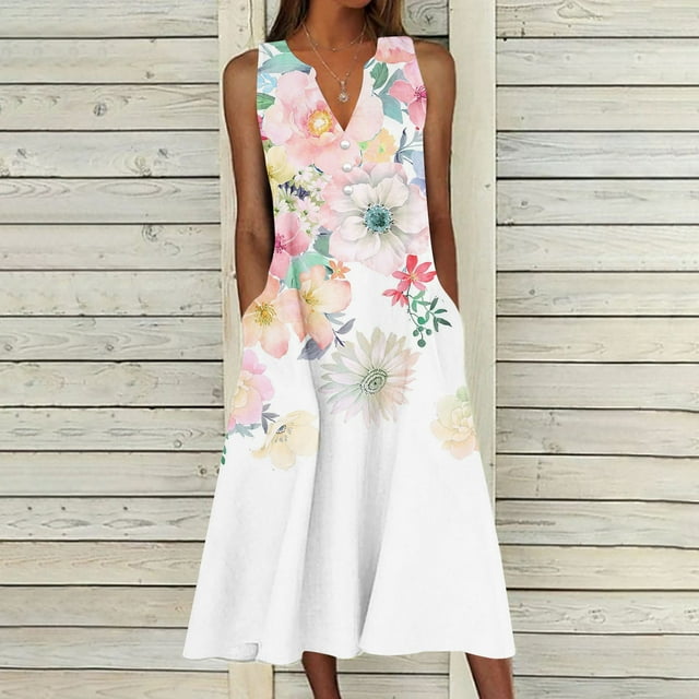 Cadeaux pour la Fête des Mères, Kcavykas Robe Maxi Bohème, Robe Décontractée d'Été pour Femme à Design Graduel Sans Manches à Encolure en V Longue
