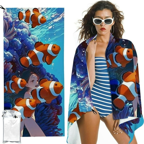 BCIIG Oversized Beach Towel Quick Dry Sand Free Lightweight Microfiber Beach Towels for Swim Pool Camping Travel, Tropical Undersea Coral Clown Fish, 27.5x55in