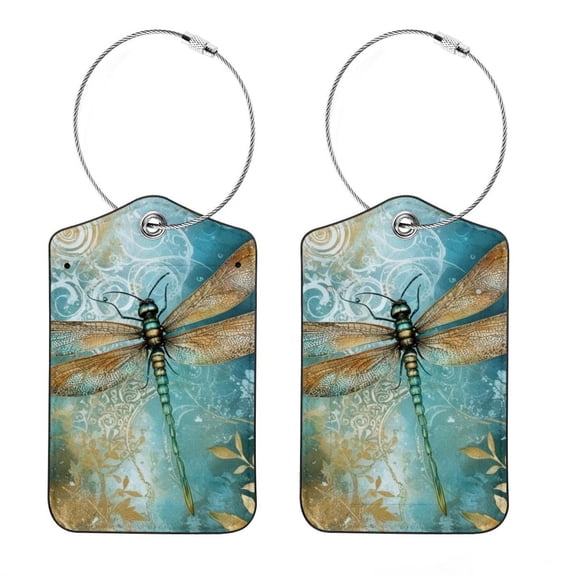 RATGON 2 Pack Luggage tag PU Leather with Stainless Steel Loop Window Flower Dragonfly Specimen Travel Trip