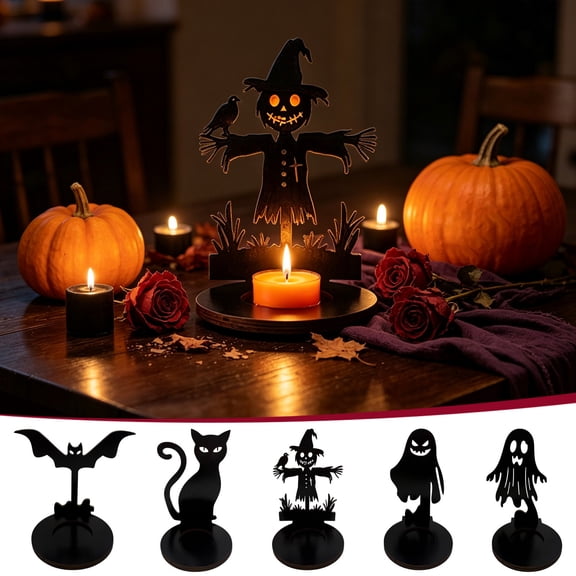 2D Black Wooden Halloween Candle Holder with Ghost Scarecrow Pattern,Minimalist Spooky Decor for Indoor Home Party Mantel Coffee Table Holiday Atmosphere Layout