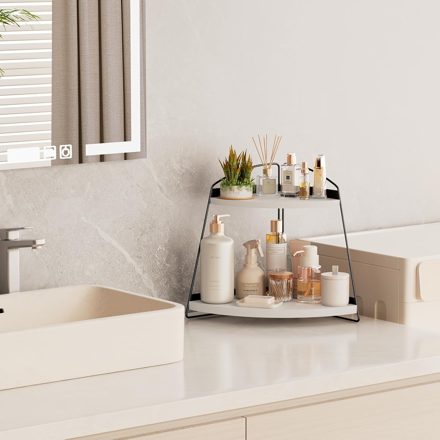 Puricon 2-Tier Wood Countertop Organizer Bathroom Sink Corner Shelf -White