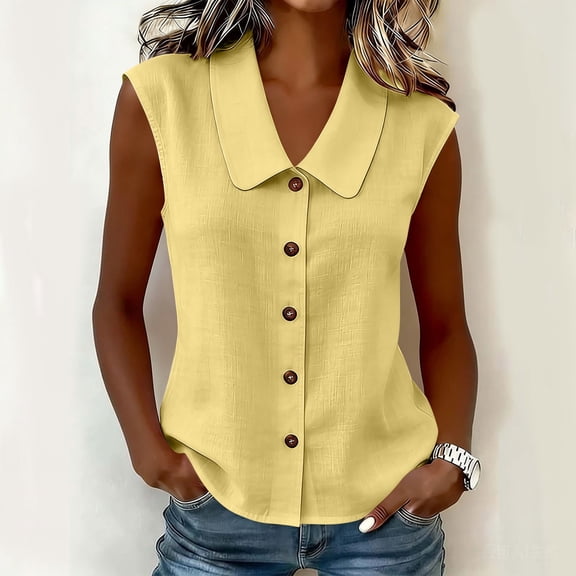 Uootdi Shirts for Women Sleeveless Collared Button Front Linen Blend Solid Blouses Office Commute Style Lightweight Breathable Tops Gift