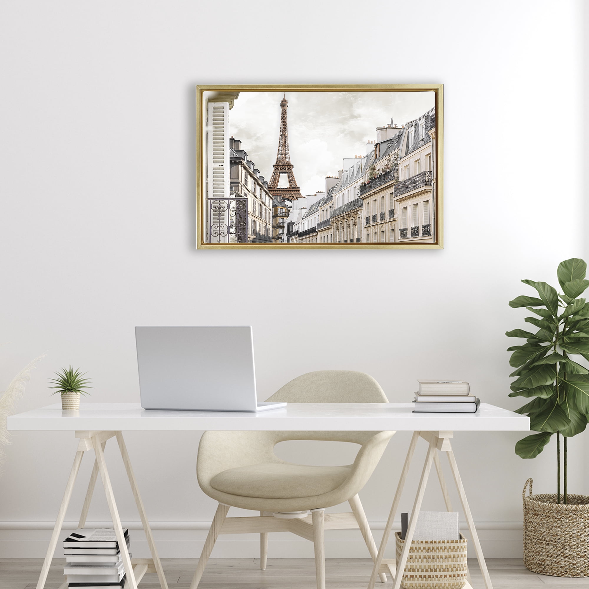 Stupell Industries Eiffel Tower Through Parisian Balconies Gold Framed Floater Canvas Wall Art, design by CAD Designs