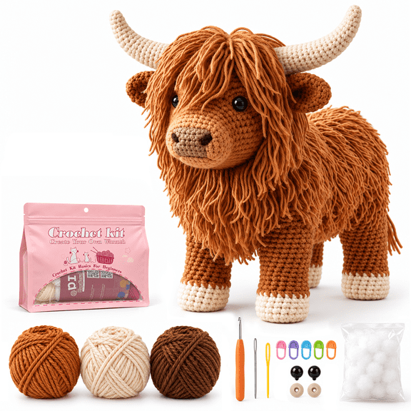 Highland Cow Crochet Kit for Beginner, Highland Cow Beginner Knitting Kits Crochet Kit for Beginners – Includes Step-by-Step Tutorials and Extra Yarn, all accessories