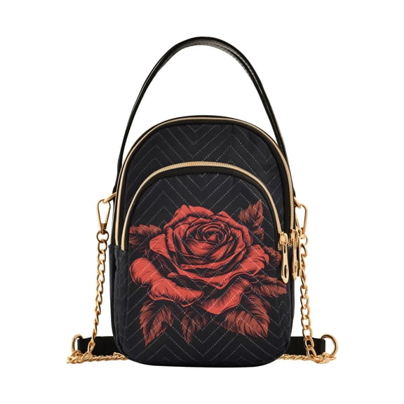 FORMRS Crossbody Bag for Women Quilted Travel Shoulder Cell Phone Purse with Chain Strap Handbag, Red Rose Pattern