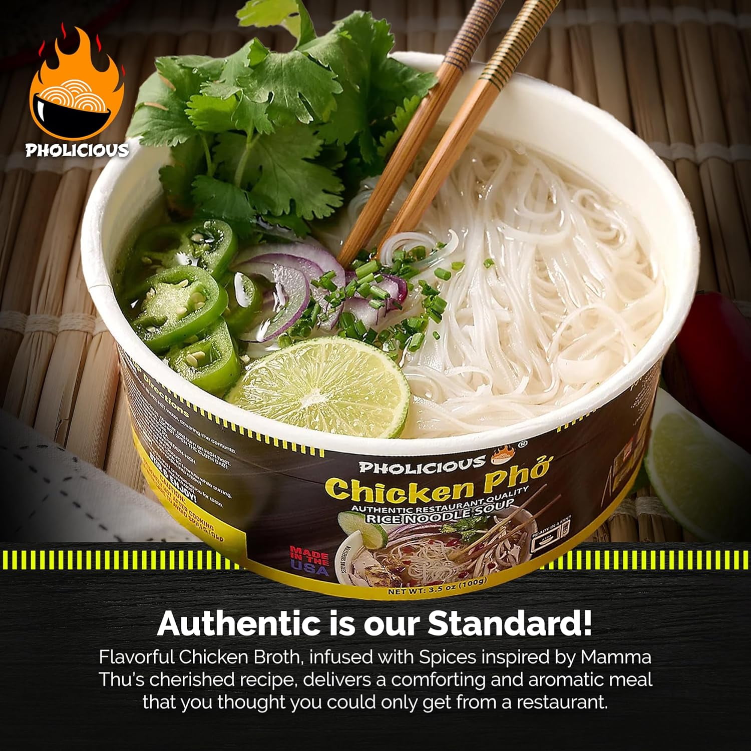 PhoLicious Instant Chicken Pho Bowl, Authentic Vietnamese Rice Noodle Soup, 3.5 oz Single Serve, Restaurant-Quality Chicken Broth, Whole Spices, 4 Minutes, Ramen Alternative, as Seen on Shark Tank
