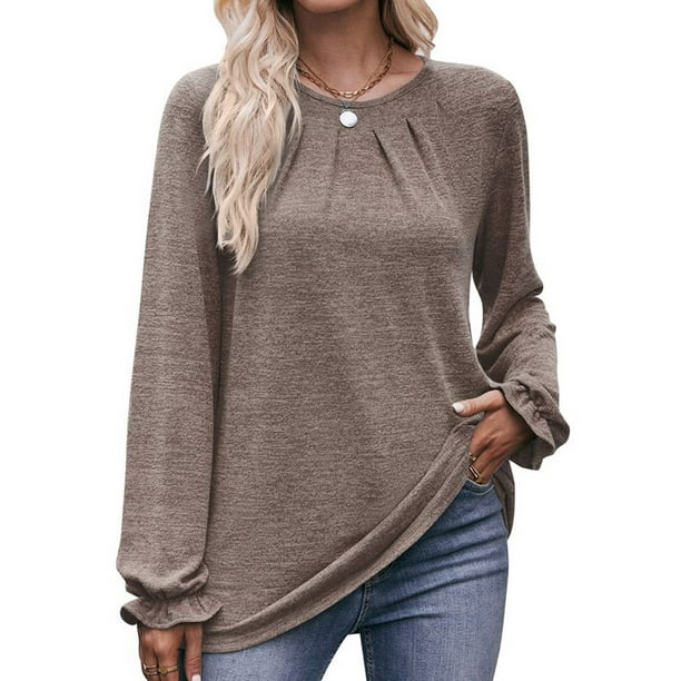 Camisas de Larga para Mujer, Moda Otoño 2025, Blusas Elegantes e Informales, Blusas Tipo Túnica Plisadas con Cuello Redondo. Caqui S