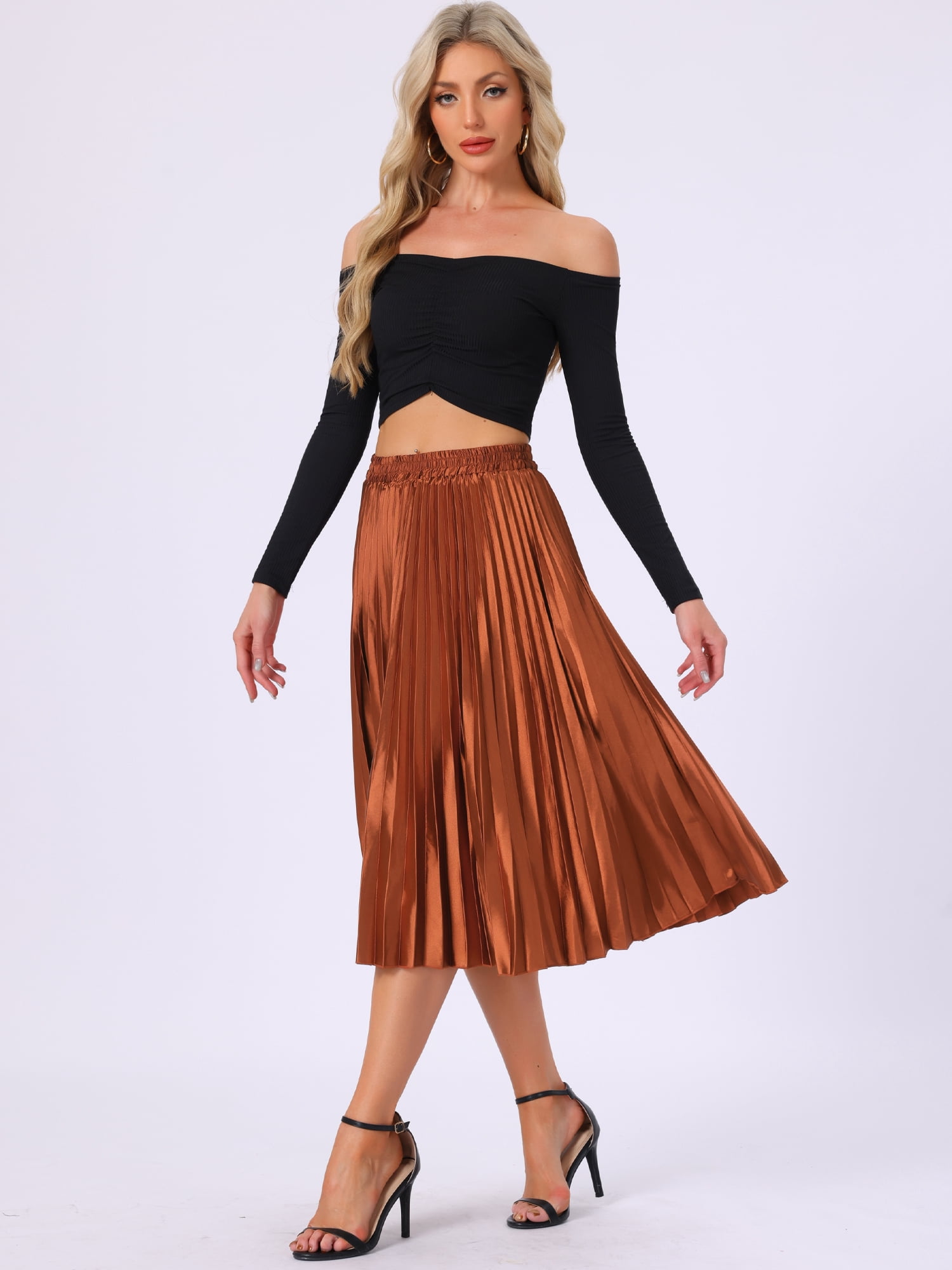 DARING DIVA Women's Midi Length Elastic High Waisted Pleated Skirt M Orange Coffee