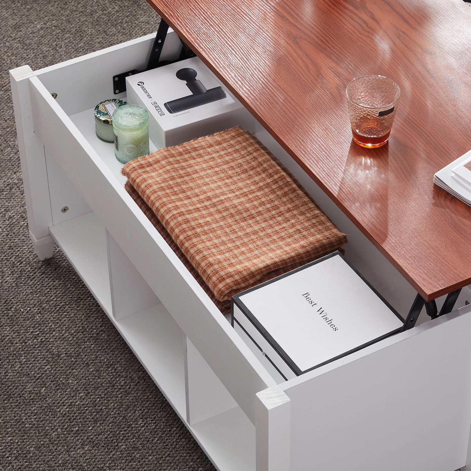 Kadyn Lift Top Coffee Table (with 3 Storage Rooms), Pop-up Coffee Table for Living Room, Central Coffee Table with Wooden Lifting Top, Ivory Kadyn Lift Top Coffee Table (with 3 Storage Rooms), Pop-up Coffee Table for Living Room, Central Coffee Table with Wooden Lifting Top, Ivory