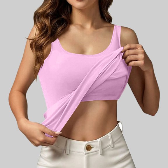 Women's Tennis Tanks Built-In Bra Tank Tops for Summer Casual Sleeveless Camisole with Padded Support Crew Neck Plus Size Workout Top Pink M