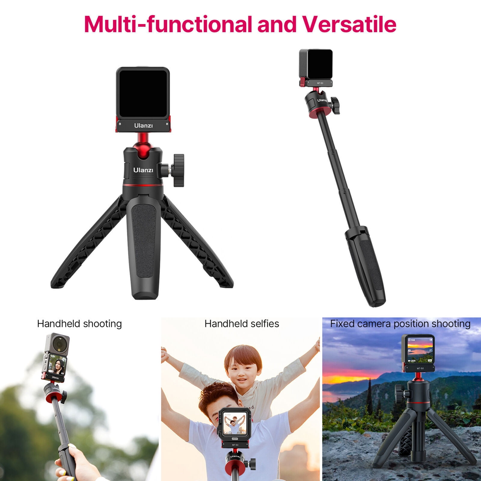 Ulanzi MT-50 Magnetic Selfie Stick Tripod Stand Portable For DJI Osmo Action 4/3/2, Extendable Height 360° Rotatable Ballhead 3-section
