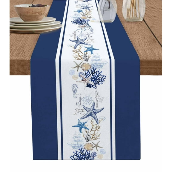 Hokiten Table Runners 72 Inches Long Dress Scarves, Navy Blue Coastal Farmhouse Kitchen/Dining Table Runner, Coffee Tablerunners, Summer Beach Starfish Coral Striped 13x72 Inch