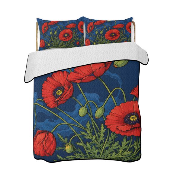 Full Size Quilt Bedding Set, Red Flowers Reversible Summer Quilt 3 Pieces, Farmhouse Botanical Blue Marble Texture Lightweight Bedspreads Coverlets with 2 Pillow Shams for All Seasons