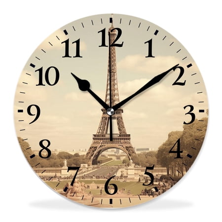 12 Inch Wall Clock Battery Operated Silent Clock Decorative for Office, Kitchen, Outdoor, Living Room,Eiffel Tower in Paris France Vintage Old Retro Style Lovely