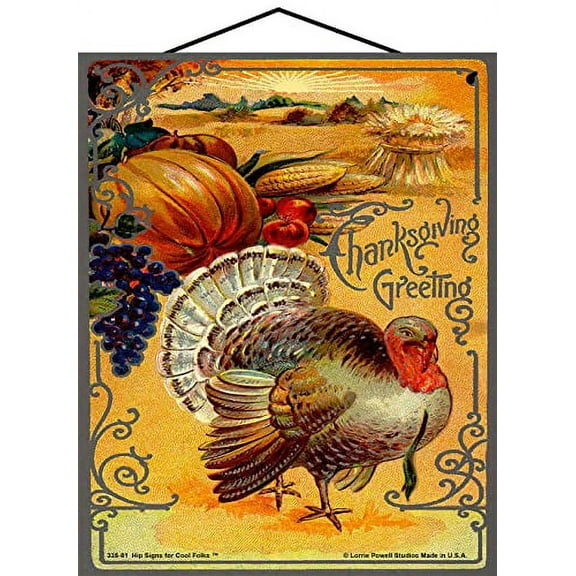 8x10 Vintage Style Sign Thanksgiving Greeting with Adorable Turkey and Pumpkin, Charming Fall Festival Holiday Home Décor