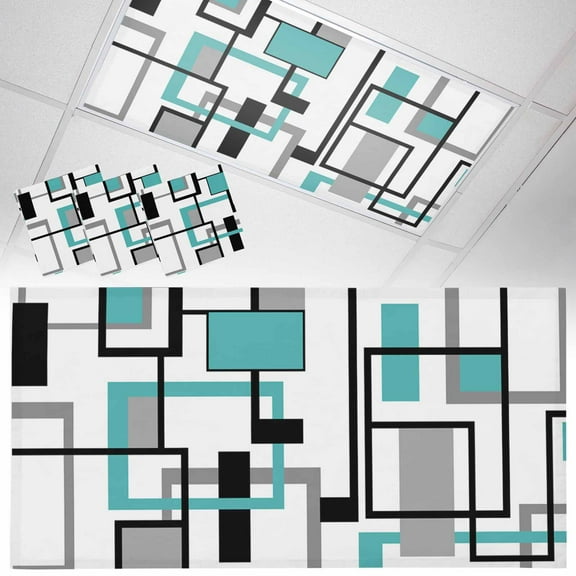 3 Pack Retro Middle Fluorescent Light Covers for Ceiling Lights Ages Abstract Geometric Teal Black Square Magnetic Ceiling Light Covers Overhead Light Filters for Office Classroom Home