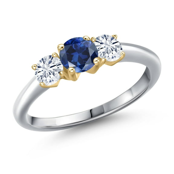 Gem Stone King 10K Two Tone Gold Blue Created Sapphire and White Moissanite Engagement Ring for Women | 1.06 Cttw | Round 5MM | Gemstone September Birthstone | Size 8